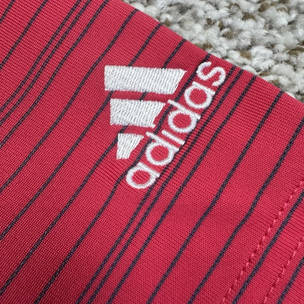 Adidas Golf Polo Shirt Men's Size Medium‎ Pink Blue Stripes Performance Stretch